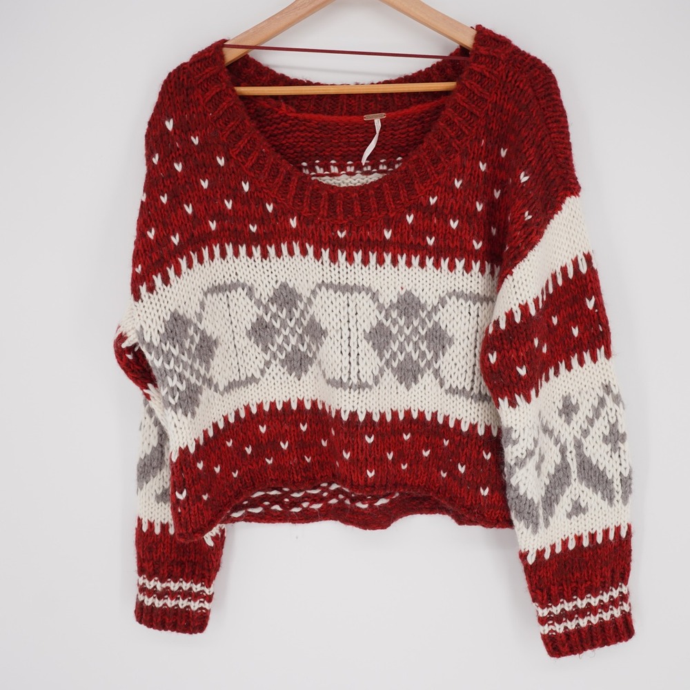 Free People Fair Isle Crop Pullover Burgundy Wool Blend Oversized Womens M